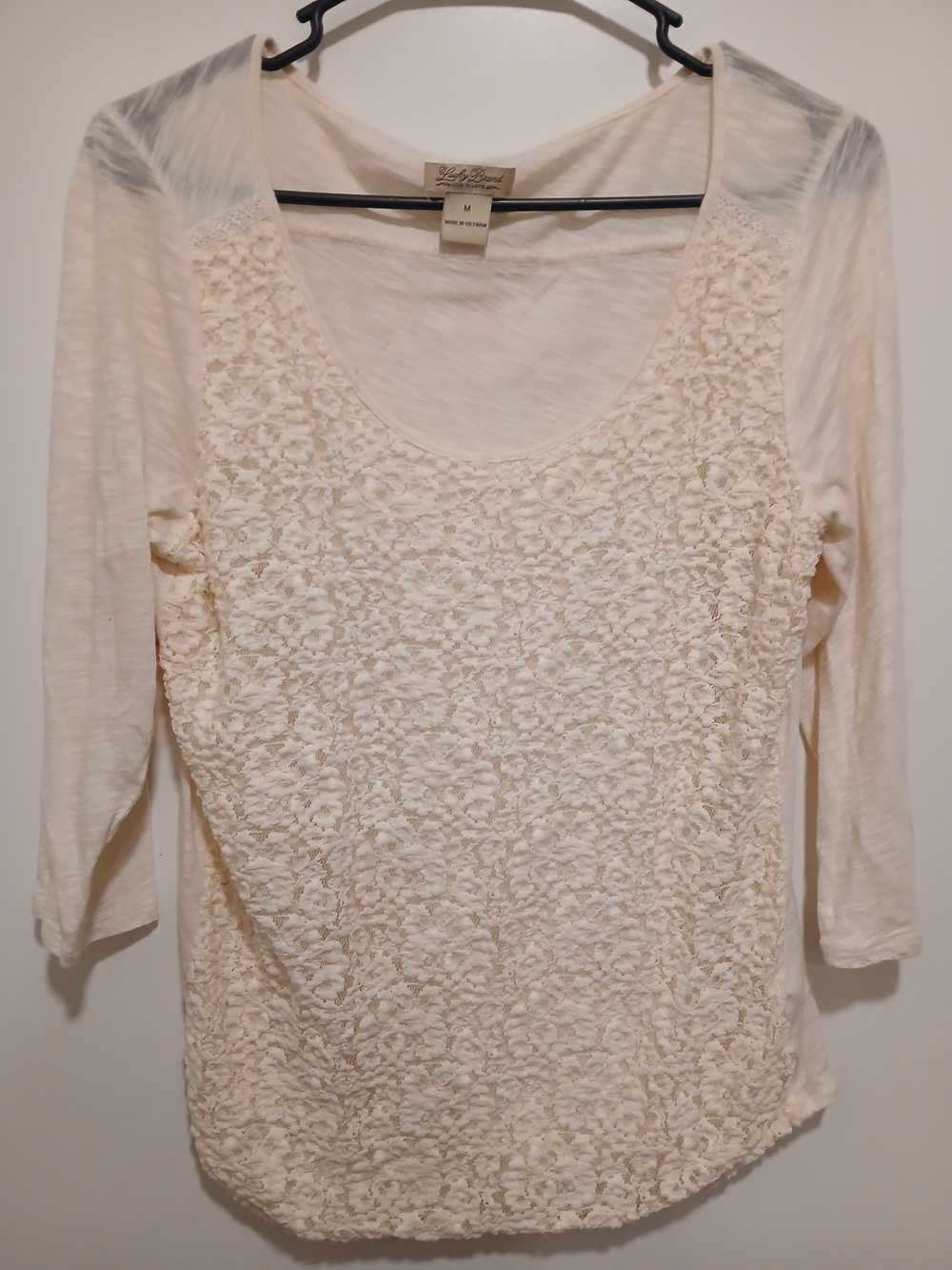 Lucky Brand Cream Lace Front Long Sleeve Top